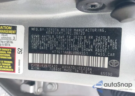 2020 Toyota Camry Se z USA, uszkodzony, nr VIN 4T1G11AK8LU964551